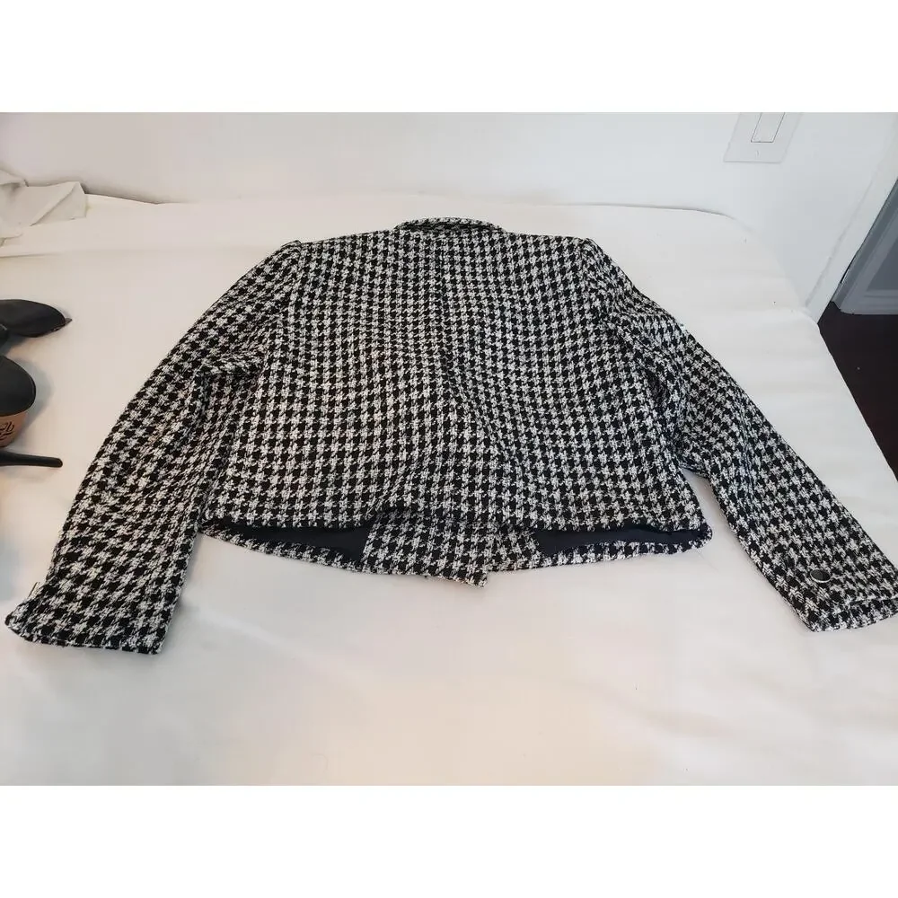 Vintage Blazer Suit Jacket Womens 12 Black White Houndstooth Cropped Tweed Paris - Picture 11 of 16